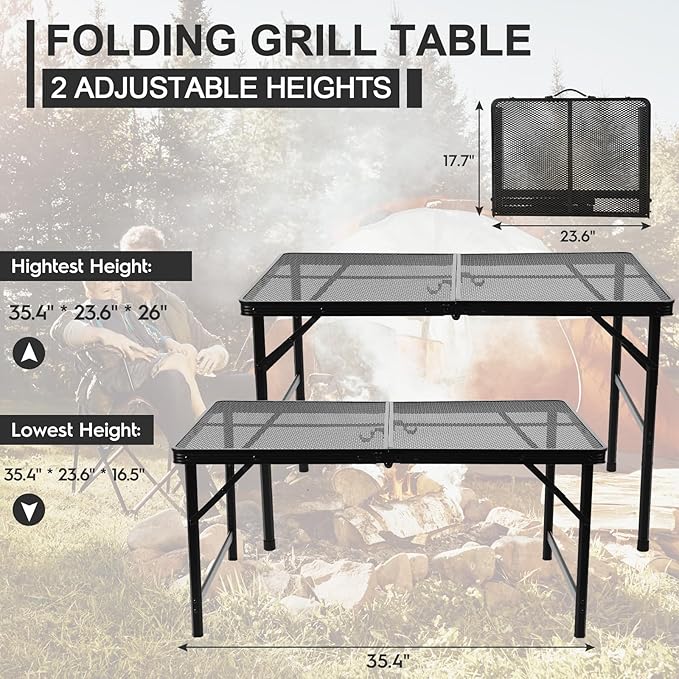 Folding Grill 3x2 FT Portable Camping Table, Lightweight Height Adjustable Metal Picnic Outdoor Table with Mesh Desktop and