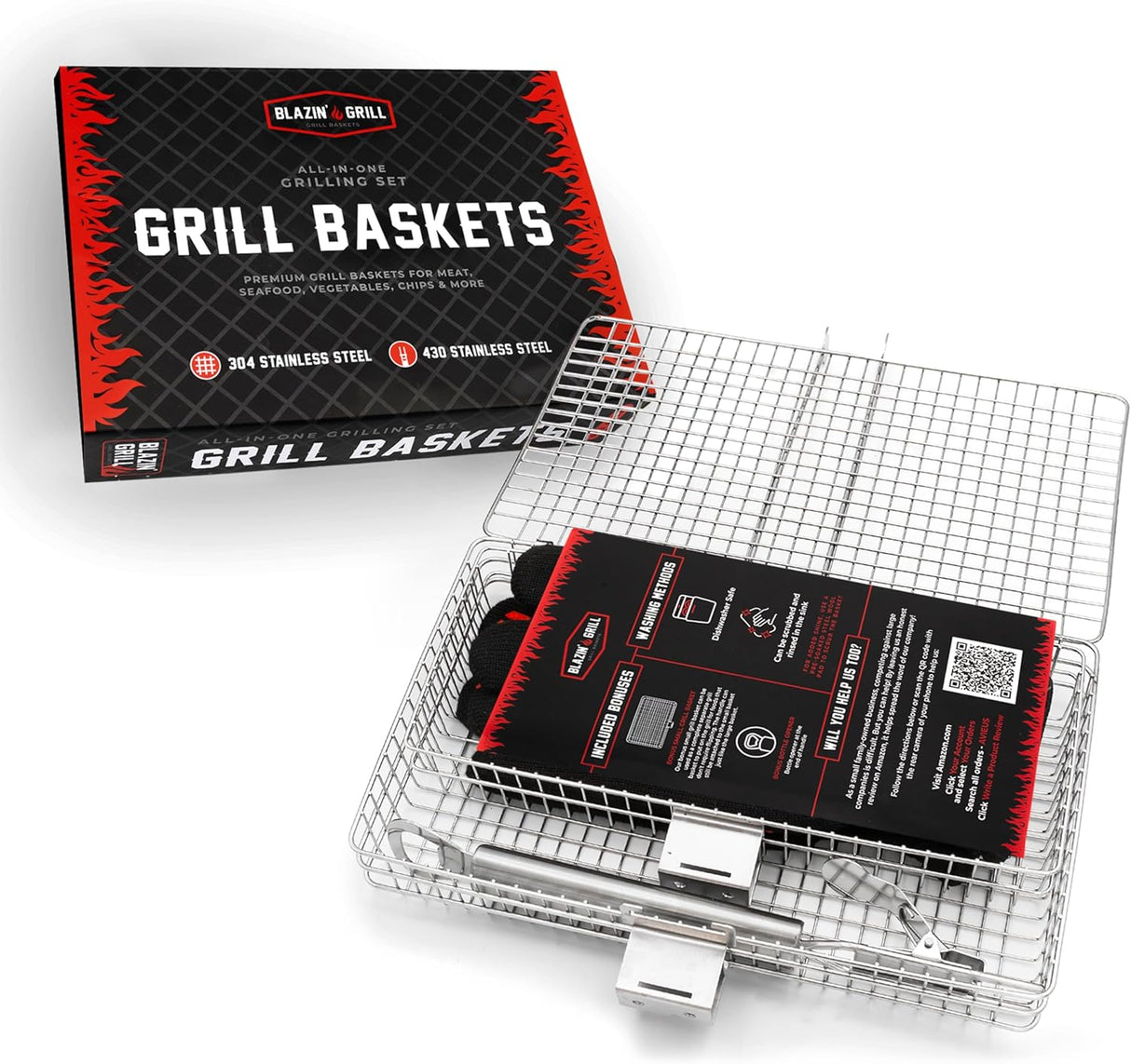 BLAZIN' GRILL Baskets for Outdoor Grill | 2 Grilling Baskets with Detachable Handle | Barbecue Grill Set with BBQ Gloves |