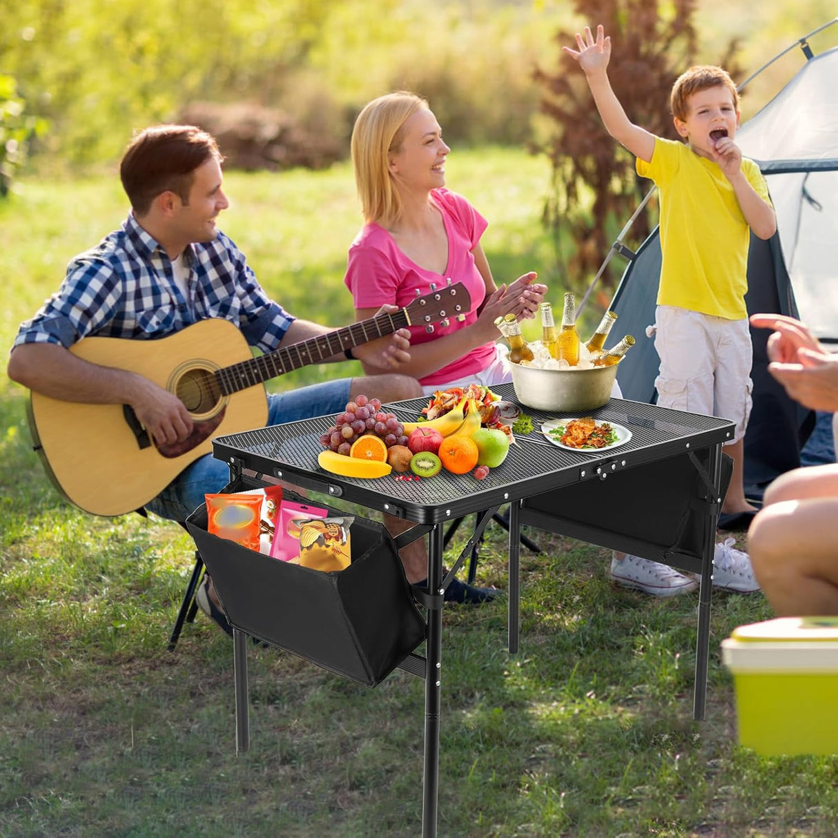 Camping Table 3FT Grill Table with 2×7/15L Storage Bag Foldable Folding Table Picnic Portable Stand Mesh 2 Height Adjustable