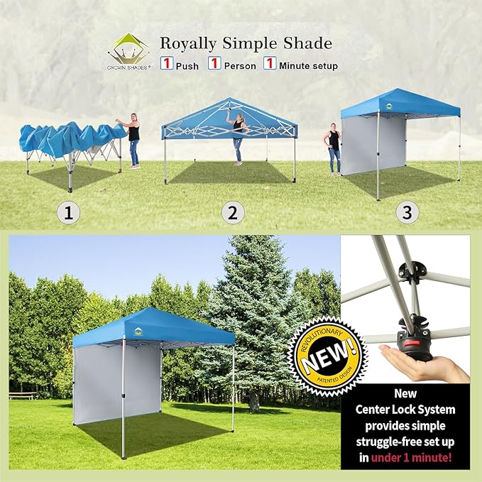 CROWN SHADES 8x8 Pop Up Canopy with 1 Side Wall - Beach Tent with One Push Setup - Outdoor Sun Shade for Events, Parties,