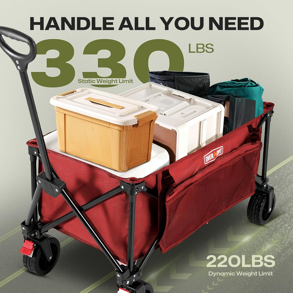 Overmont Collapsible Wagon Cart with Wheels - 180L Foldable Heavy Duty Wagon with Big All-Terrain Wheels - 330Lbs Weight
