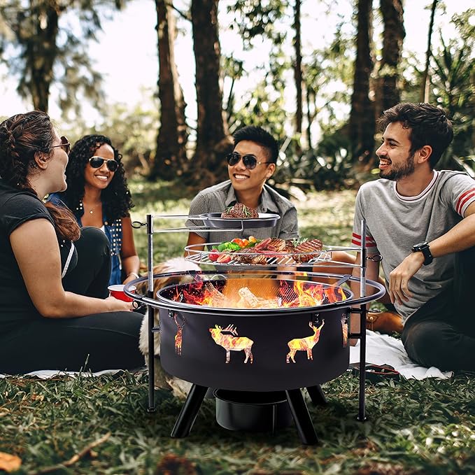 NATURAL EXPRESSIONS 32 Inch Large Fire Pit with 2 Grills, Outdoor Wood Burning Fire Pit with Cooking Grate, Lid, Poker and