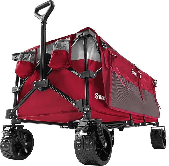 SUNNYFEEL 49''L 550lbs Heavy Duty Wagon Cart Foldable with Wheels,Extra Long Fold Up Wagons Carts with Side Pocket and