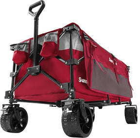 SUNNYFEEL 49''L 550lbs Heavy Duty Wagon Cart Foldable with Wheels,Extra Long Fold Up Wagons Carts with Side Pocket and
