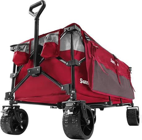 SUNNYFEEL 49''L 550lbs Heavy Duty Wagon Cart Foldable with Wheels,Extra Long Fold Up Wagons Carts with Side Pocket and