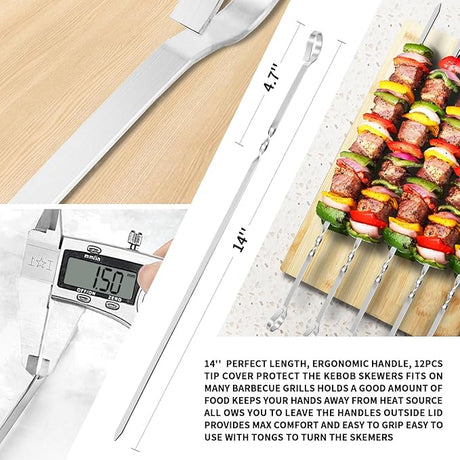 Kabob Skewers 14" Stainless Steel Long BBQ Barbecue Skewers, Flat Metal Kebob Sticks Wide Reusable Grilling Skewers for Meat