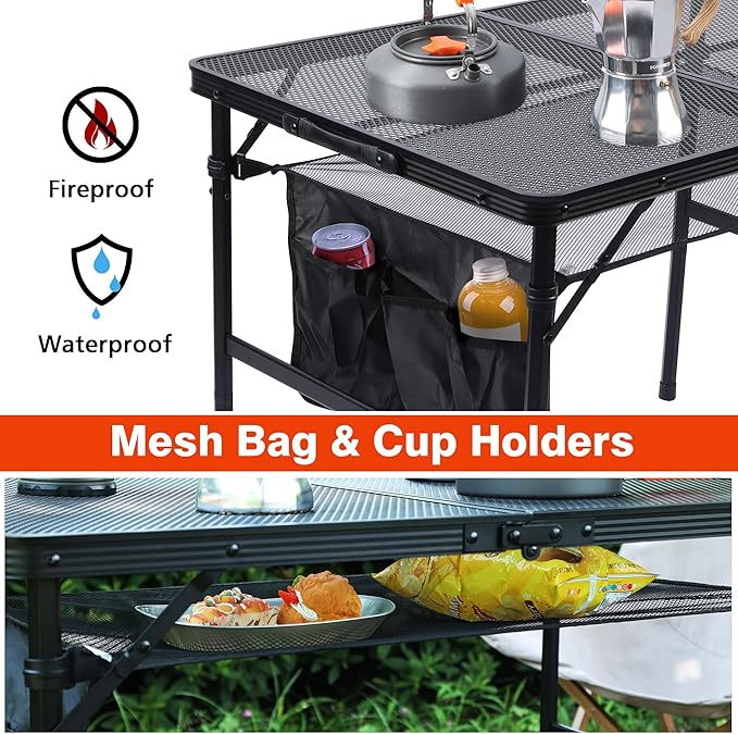 Folding Grill Table, 3x2 FT Portable Camping Table, Height Adjustable Metal Tables with Mesh Desktop and Mesh Bag, Outdoor