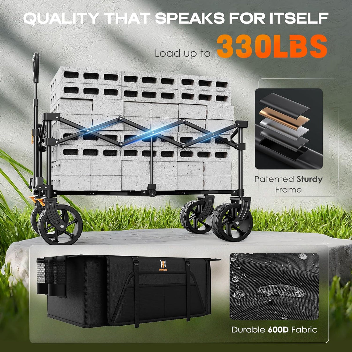 Navatiee Big Wheels Collapsible Wagon Cart Foldable, Heavy Duty Beach Wagon with Silent All-Terrain Wheels, Folding Utility