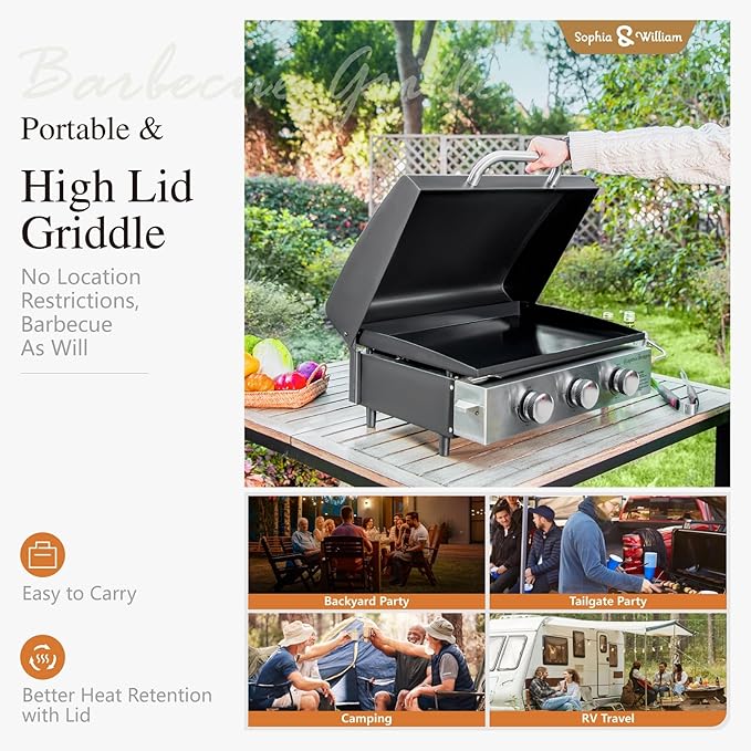 Sophia & William 22" Flat Top Grill with Lid & Ceramic Coated Cast Iron Pan, 3-Burner Portable Tabletop Gas Propane Griddle