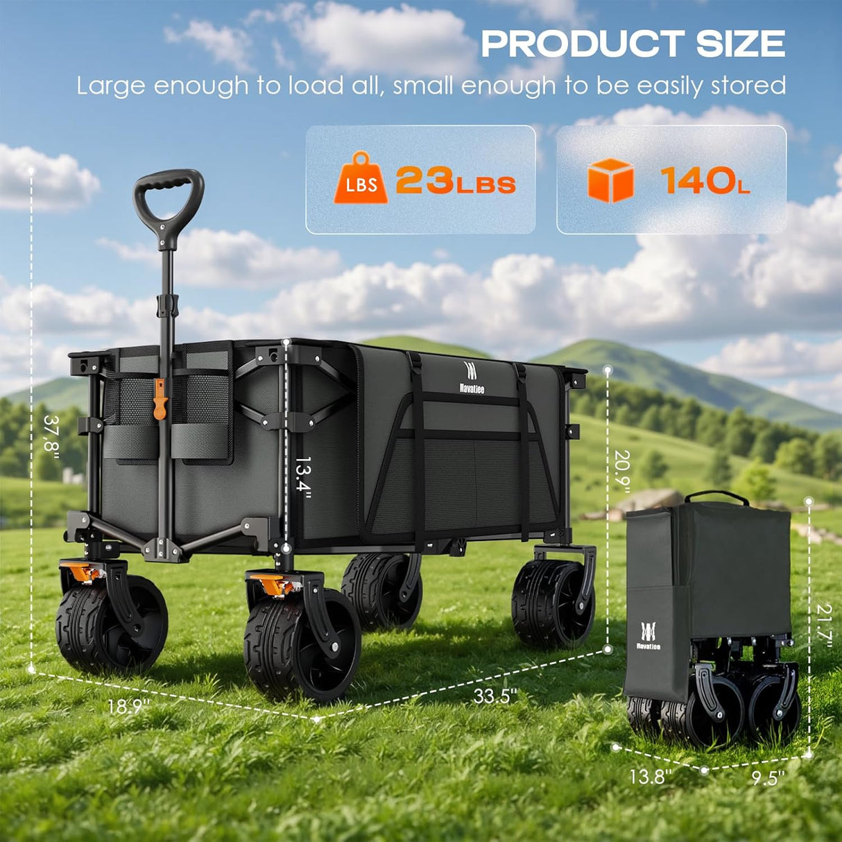 Navatiee Big Wheels Collapsible Wagon Cart Foldable, Heavy Duty Beach Wagon with Silent All-Terrain Wheels, Folding Utility