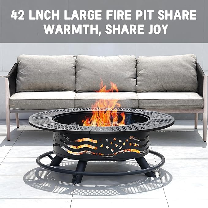 42 Inch Fire Pit with 2 Cooking Grates, Outdoor Wood Burning BBQ Grill Firepit Bowl with Cover Lid, Steel Round Table for