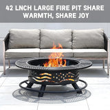 42 Inch Fire Pit with 2 Cooking Grates, Outdoor Wood Burning BBQ Grill Firepit Bowl with Cover Lid, Steel Round Table for