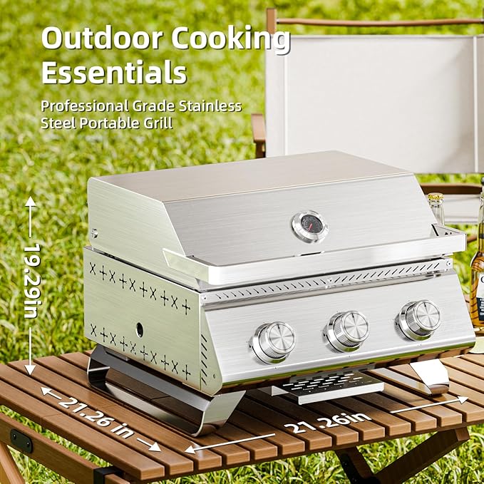 3-Burner 24,000 BTU Portable Flat Top Propane Gas Grill, Heavy-Duty Stainless Steel 2-in-1 Tabletop Grill and Griddle Combo