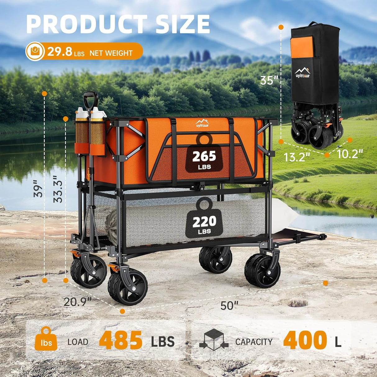 Foldable 50''L Extra Long Double Decker Wagon for Sport, 400L Collapsible Heavy Duty Wagon Cart with Big Wheels, Utility