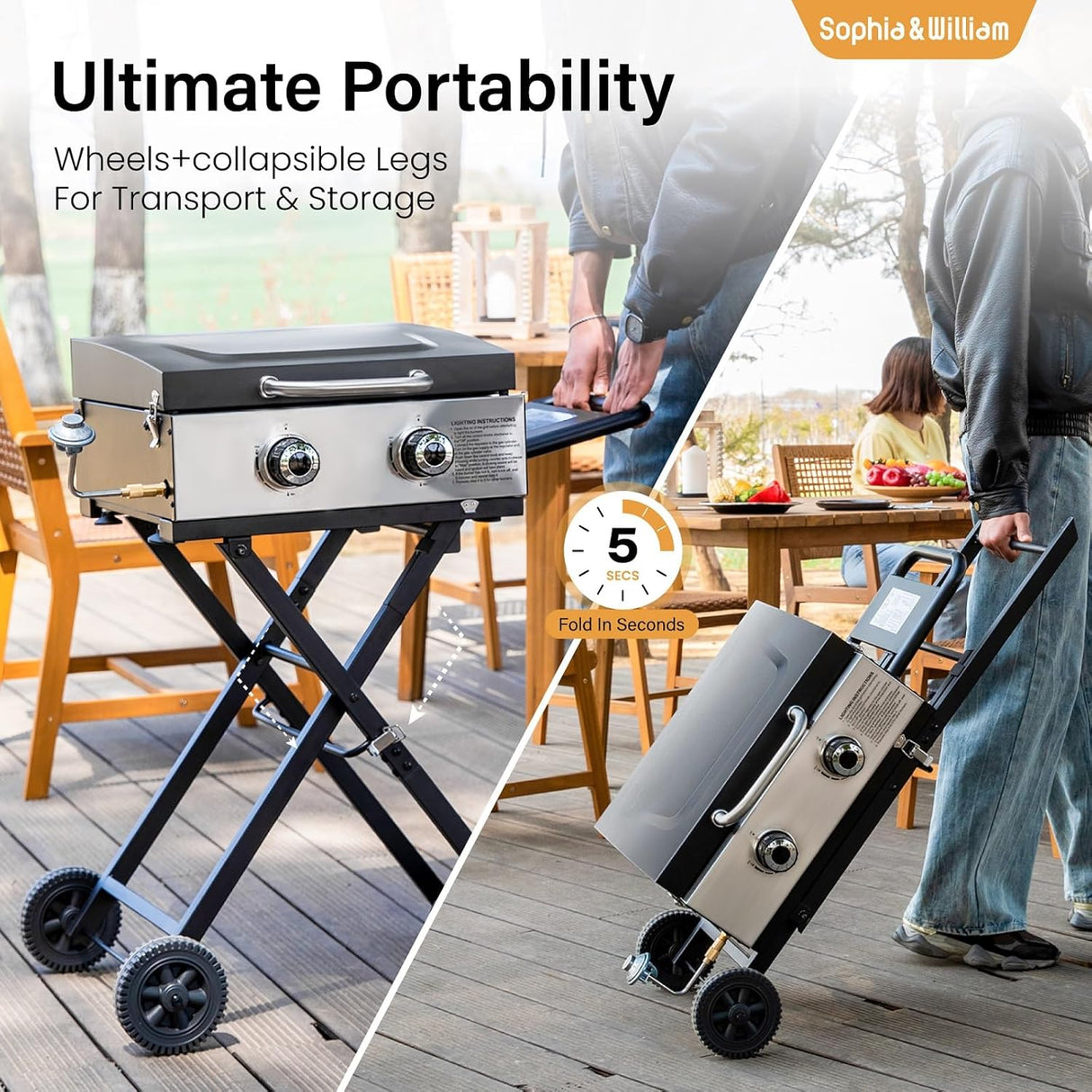 Sophia & William Portable Gas Grill Griddle, Small Propane BBQ grill with Foldable Legs & Wheels for Outdoor Barbecue,