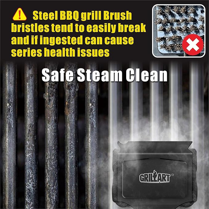 GRILLART Grill Brush Bristle Free. SteamWizards BBQ Replaceable Cleaning Head, Seamless-Fit Scraper Tools for Cast