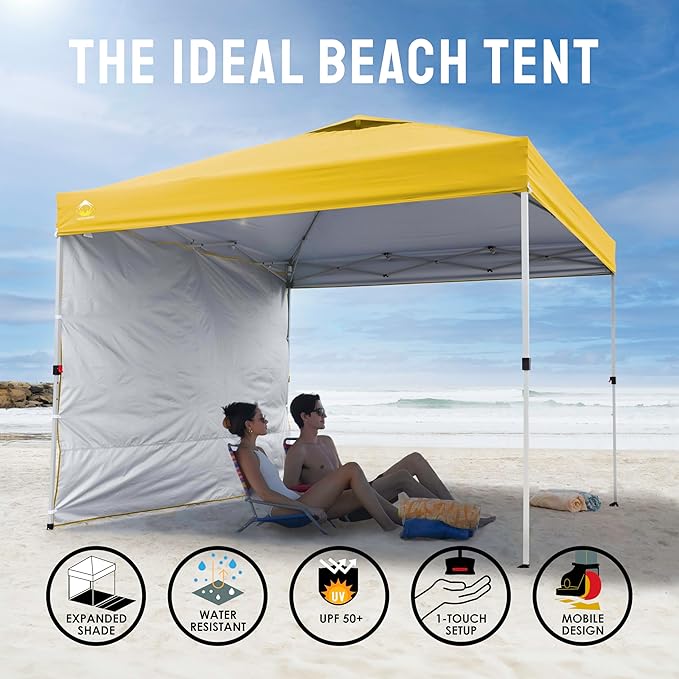 CROWN SHADES 10x10 Pop Up Canopy with 1 Side Wall - Beach Tent with One Push Setup - Outdoor Sun Shade for Events, Parties,