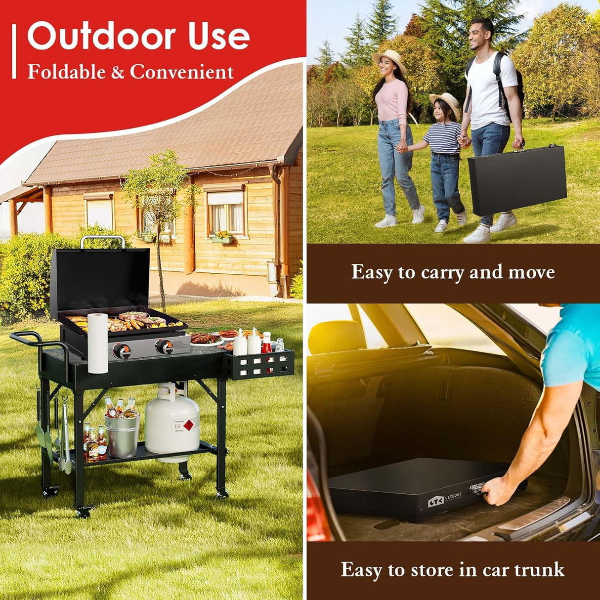 Leteuke Grill Cart for Blackstone Griddle, Portable Outdoor Grill Table, Foldable Cart Table with Wheels for Ninja, Griddle