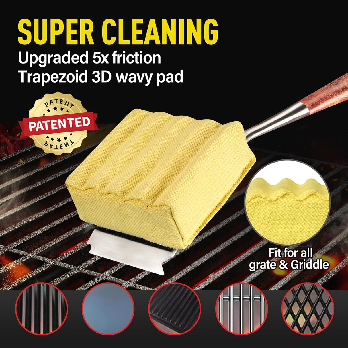 Bristle-Free Steam Grill Brush,with Extended Luxurious Rosewood Handle,Unique Seamless-Fit Scraper Tool,BBQ Replaceable