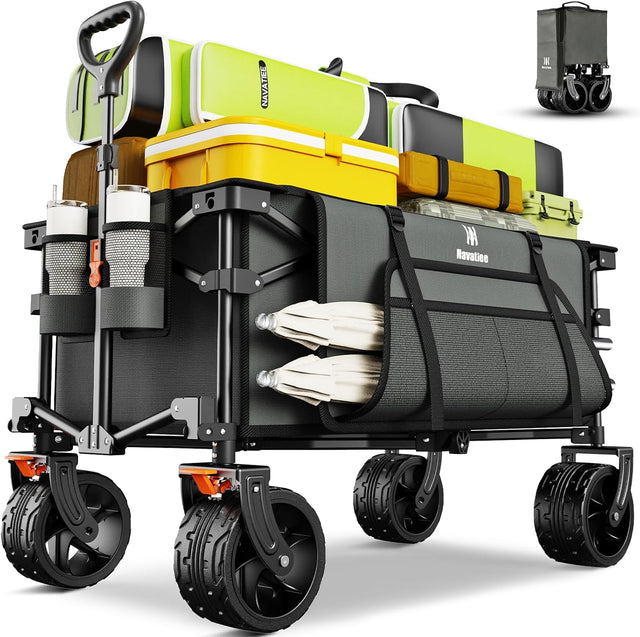 Navatiee Big Wheels Collapsible Wagon Cart Foldable, Heavy Duty Beach Wagon with Silent All-Terrain Wheels, Folding Utility