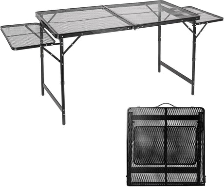 Grill Table Folding Table with 2 Wing Panels 4FT+1.77 FT with Mesh Desktop 3 Height Adjustable Portable Grill for Outdoor