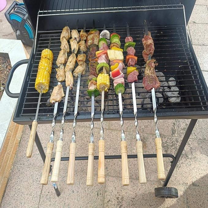 23.6" Large Size Kabob Skewers Flat Metal BBQ Barbecue Skewer Wooden Handle Stainless Steel Shish Kabob Stick Wide Reusable