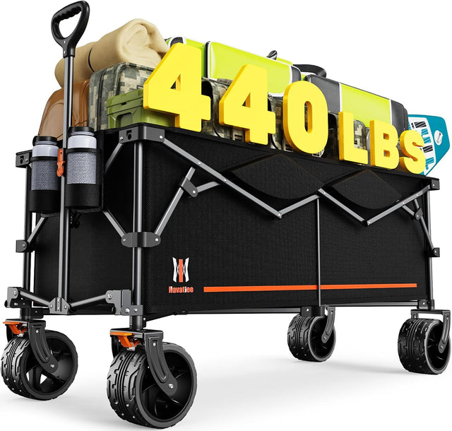 Navatiee 300L Extra Large Collapsible Wagon Cart Foldable, 48''L Extended Heavy Duty Folding Beach Wagon with 440LBS Weight