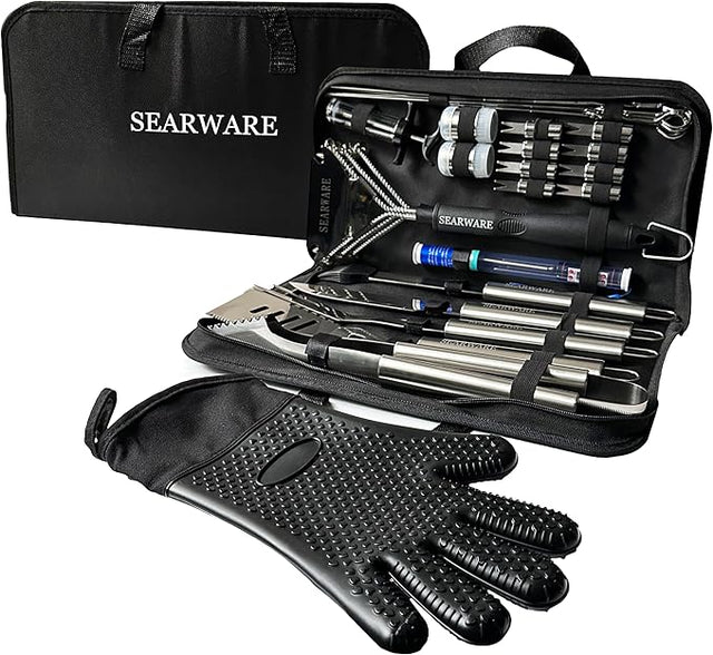 Barbecue Grill Tool Set - Stainless Steel - Strong Durable Design - Heat Resistant Glove & Bristle Free Grill Brush -