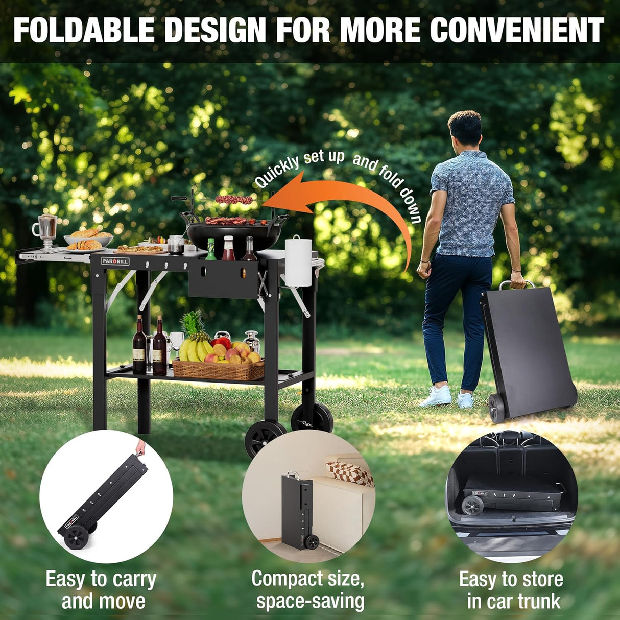 Outdoor Grill Table, Folding Grill Cart with Pull-out Side Table, Blackstone Griddle Stand, Fit 17 Inch Or 22 Inch,