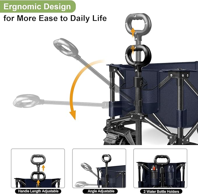 LUXCOL Collapsible Folding Wagon, Heavy Duty Utility Beach Wagon Cart for Sand with Big Wheels, Adjustable Handle&Drink