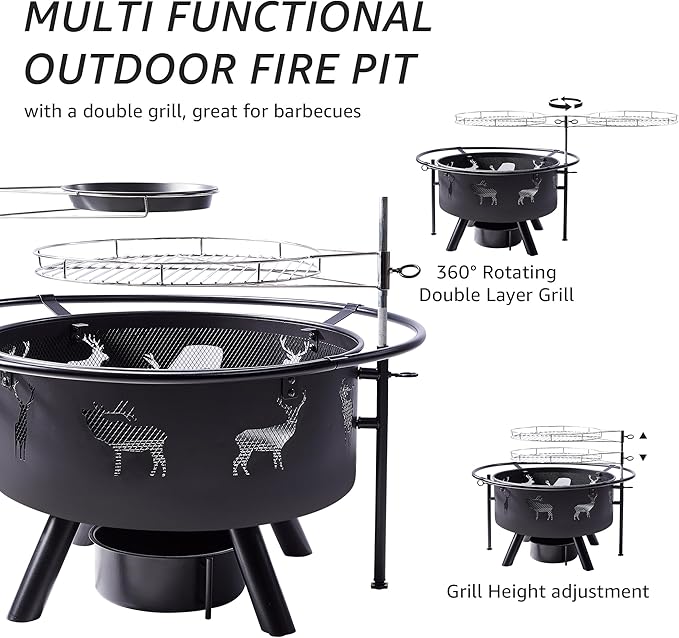 NATURAL EXPRESSIONS 32 Inch Large Fire Pit with 2 Grills, Outdoor Wood Burning Fire Pit with Cooking Grate, Lid, Poker and