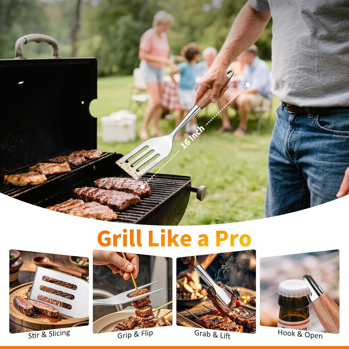 16 Inch Grilling Accessories Set, Heavy Duty Stainless Steel BBQ Accessories Tools and Grill Accessories for Outdoor Grill