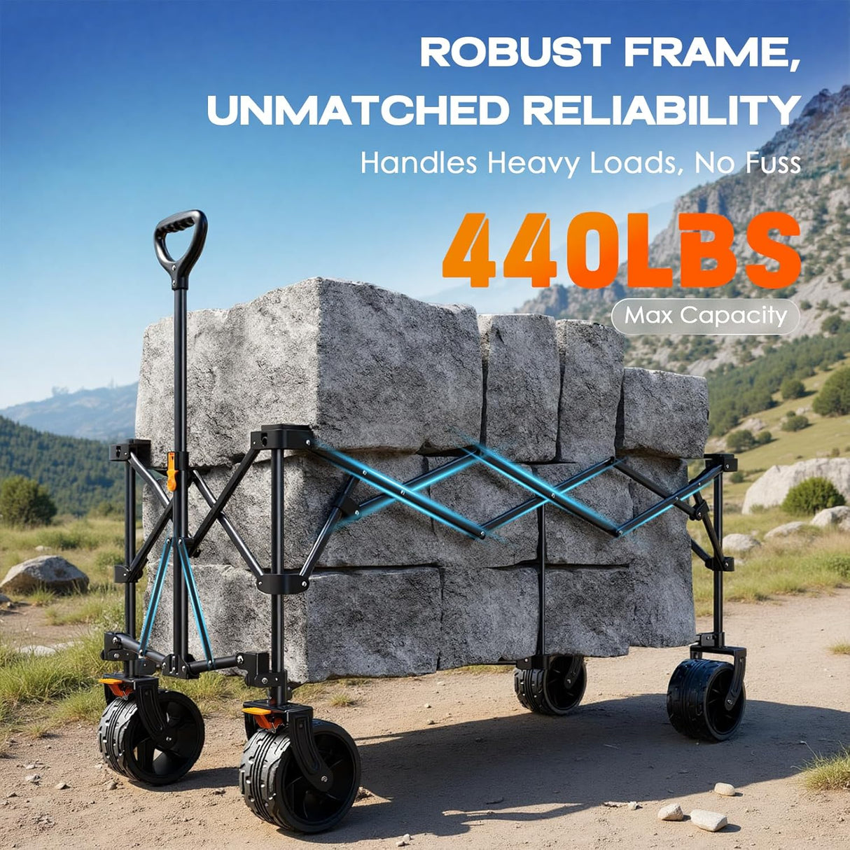 Navatiee 300L Collapsible Wagon Cart Foldable Extra Large, 48''L Folding Extended Beach Wagon with 440LBS Weight Capacity