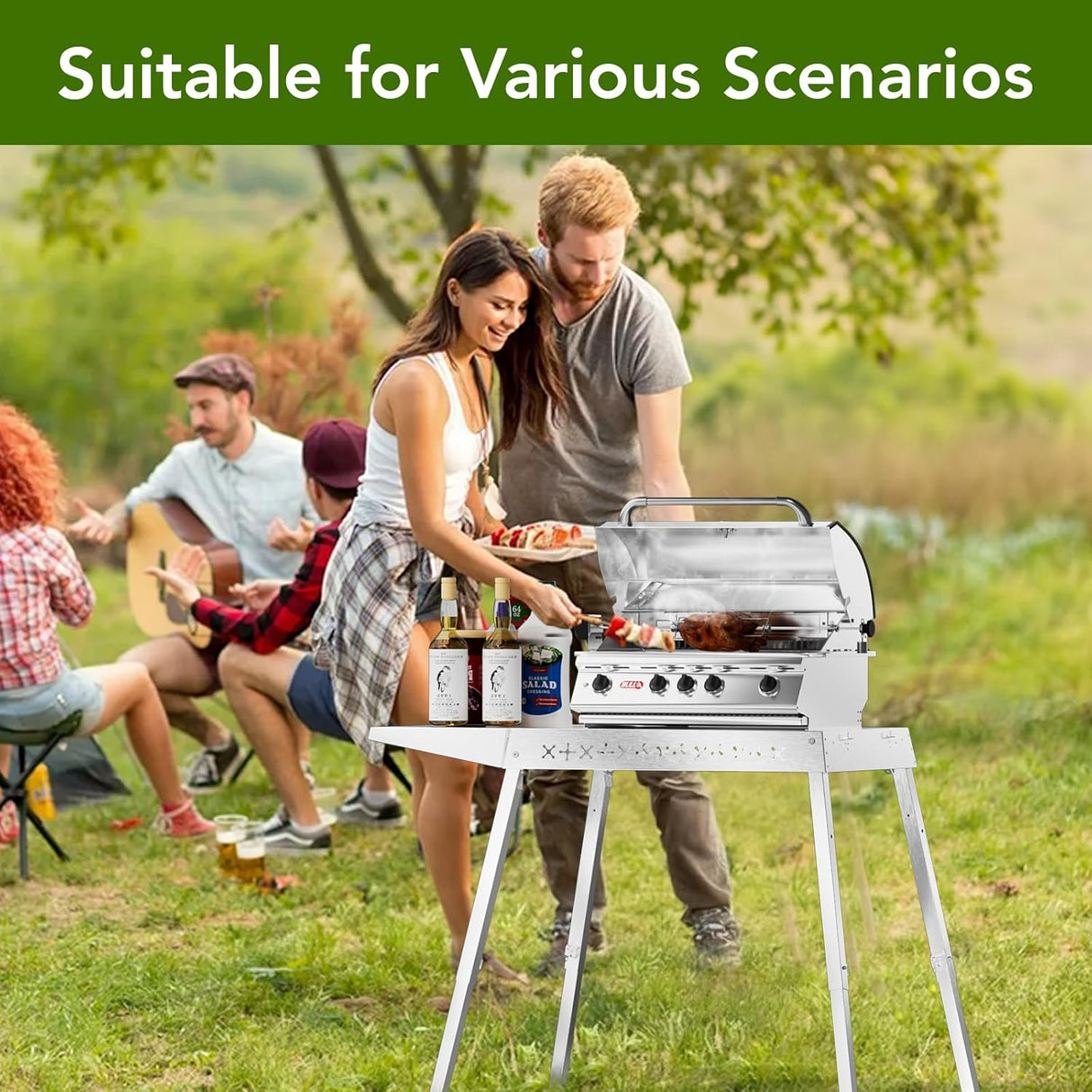 Food Grade 304 Stainless Steel BBQ Grill Table fits Tabletop Griddle, Outdoor Grill Table with 4 Foldable Legs, Portable