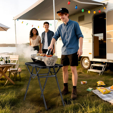 2ft Sturdy Folding Grill Table, Supports 180 Lbs, 2 Adjustable Height 28” Portable Grill Table, Heat-Resistant Tabletop,