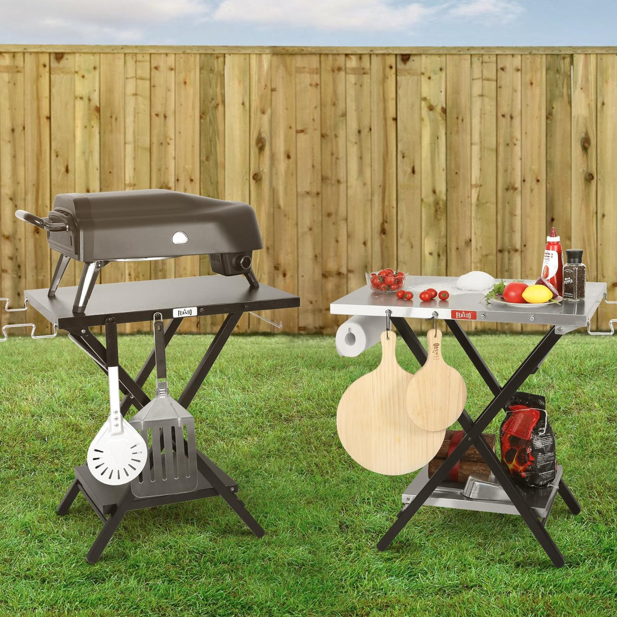 Folding Grill Table with Extra Storage Bottom Shelf, Indoor & Outdoor Prep Table with Garage Rack & Tissue Holder, Pizza