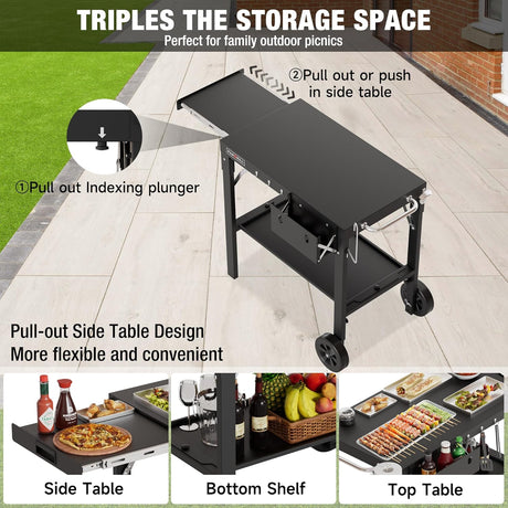 Outdoor Grill Table, Folding Grill Cart with Pull-out Side Table, Blackstone Griddle Stand, Fit 17 Inch Or 22 Inch,