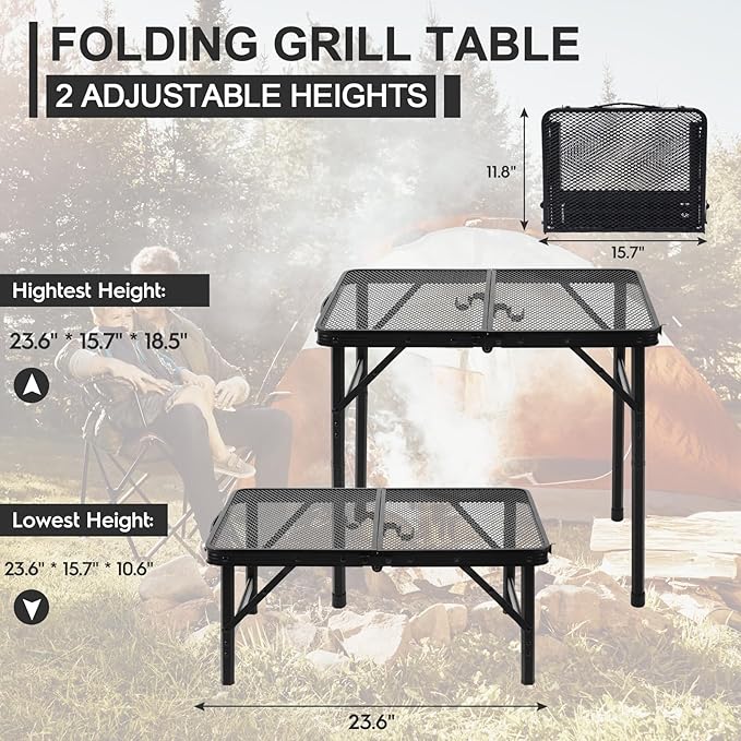 Camping Portable Folding Grill 2x1.3 FT Table, Lightweight Height Adjustable Metal Picnic Outdoor Table with Mesh Desktop