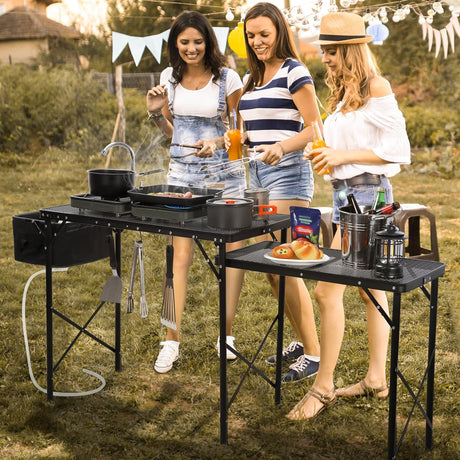 RedSwing Folding Grill Table with Sink and Double Shelf, Multifunctional Portable Grill Stand Table for Outdoor Camping