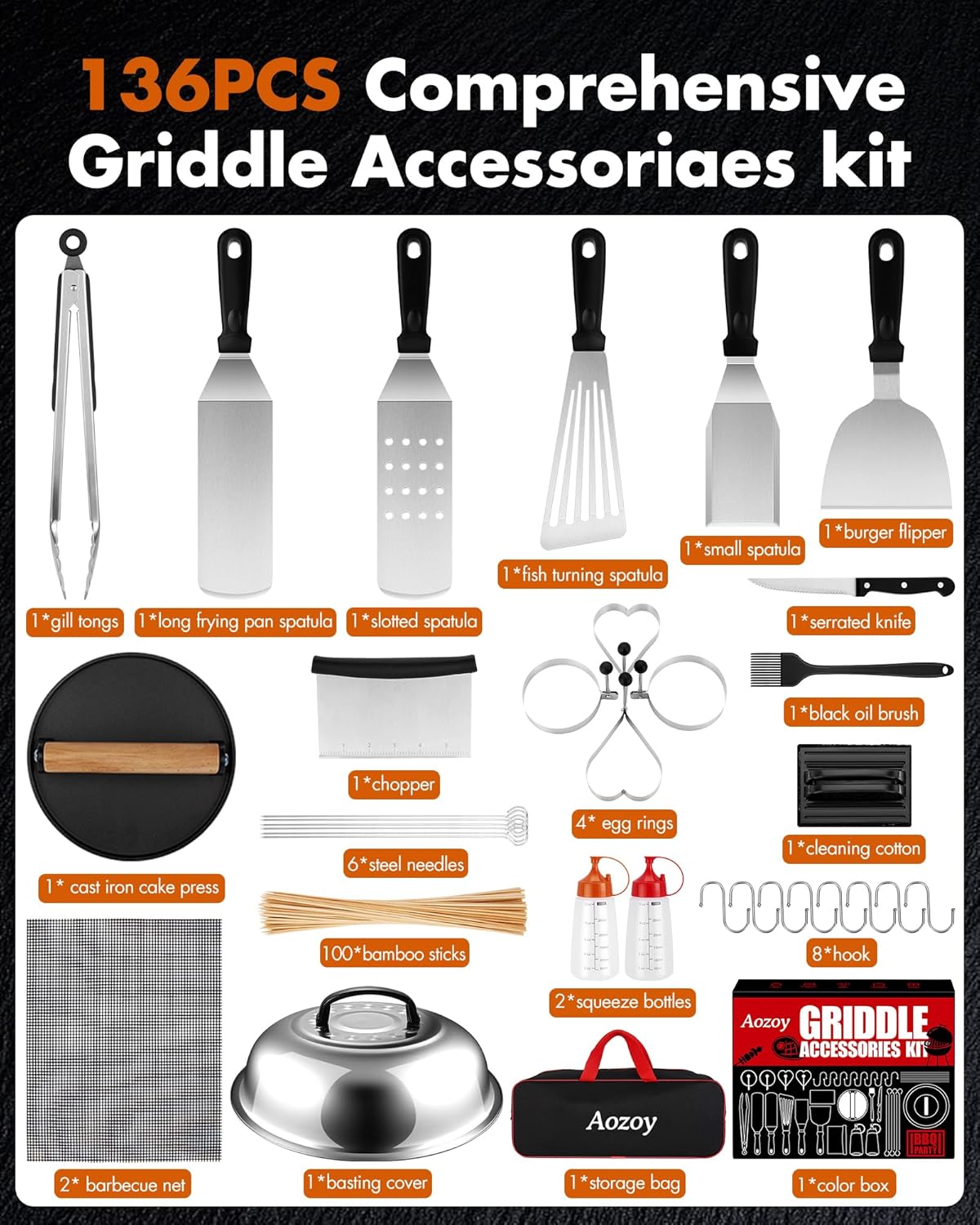 Griddle Accessories Kit - 136PCS Flat Top Grill Accessories for Blackstone and Camp Chef Metal Spatula Tools Set with Burger