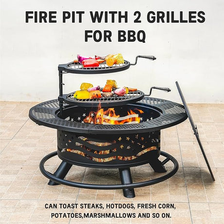 36 Inch Fire Pit with 2 Cooking Grates, Outdoor Wood Burning BBQ Grill Firepit Bowl with Cover Lid, Steel Round Table for