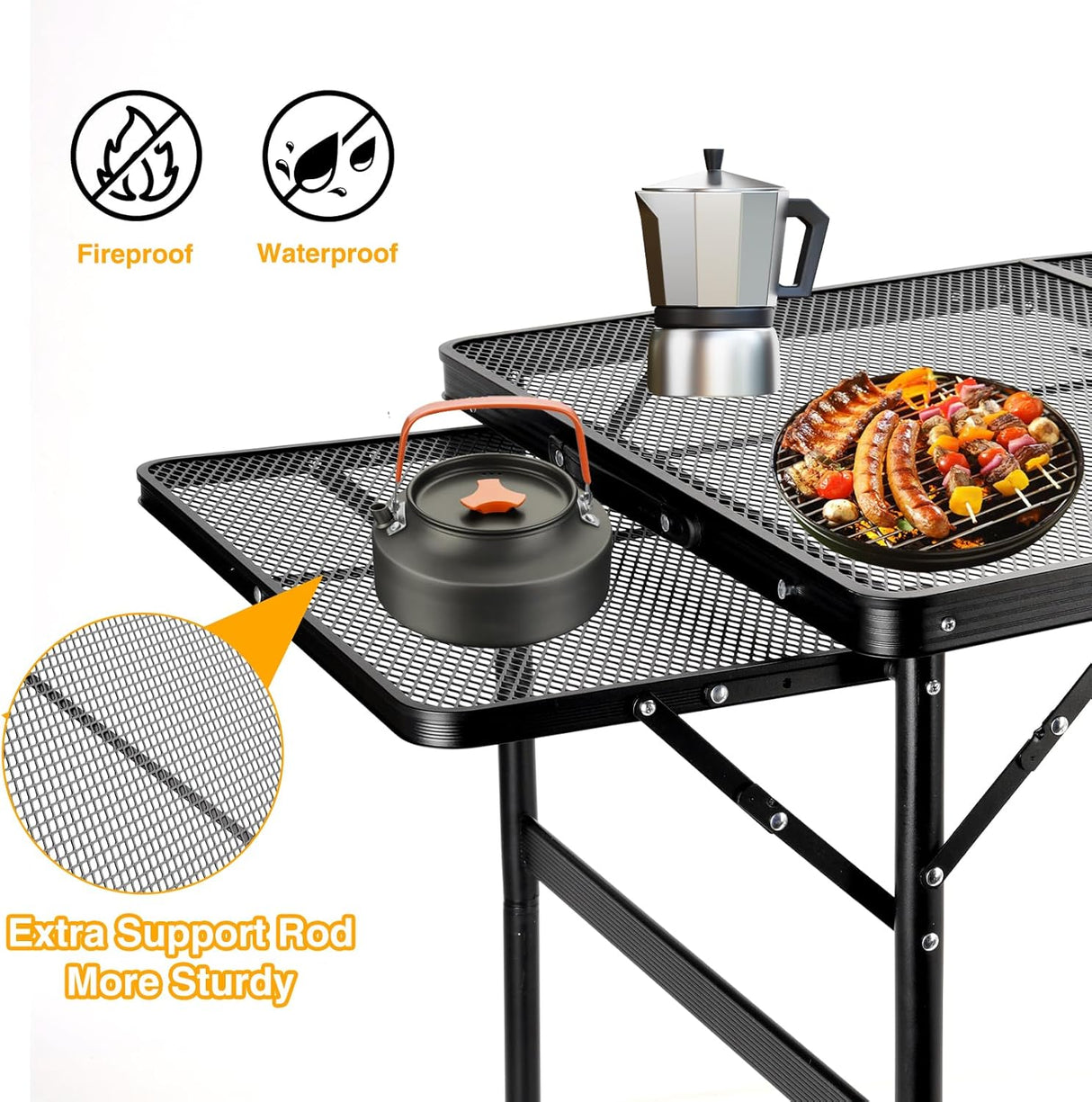 Grill Table 3FT+1.4 FT Folding Table with 2 Wing Panels with Mesh Desktop 2 Height Adjustable Portable Grill for Outdoor