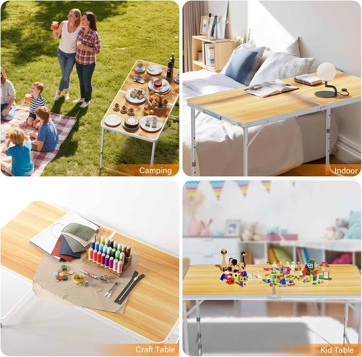 VINGLI 4FT White Folding Table with Carrying Handle Height Adjustable Lightweight Fold Up Portable for Indoor Outdoor