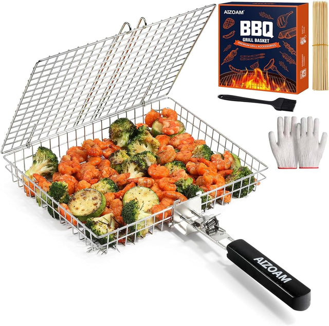 Grill Basket - Grill Baskets for Outdoor Grill, Stainless Steel Large Grilling Basket w Removable Handle, Portable Fish