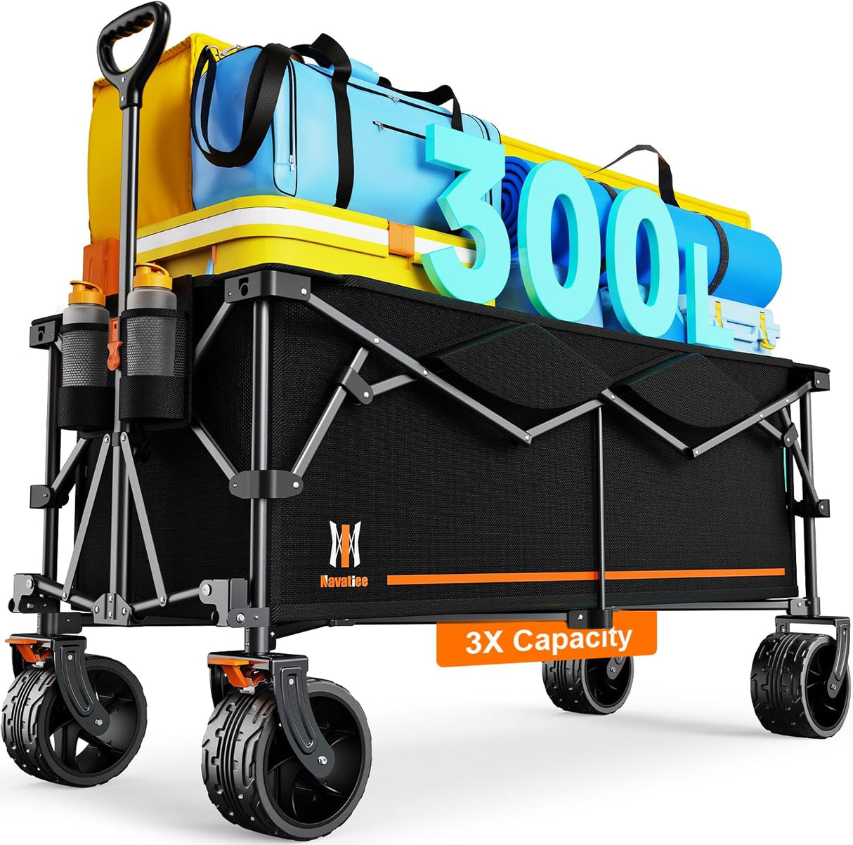 Navatiee 300L Collapsible Wagon Cart Foldable Extra Large, 48''L Folding Extended Beach Wagon with 440LBS Weight Capacity