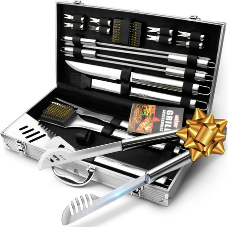 GRILLART BBQ Grill Utensil Tools Set Reinforced BBQ Tongs 19-Piece Stainless-Steel Barbecue Grilling Accessories w/Aluminum