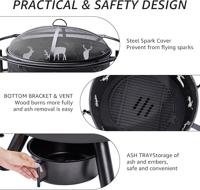 NATURAL EXPRESSIONS 32 Inch Large Fire Pit with 2 Grills, Outdoor Wood Burning Fire Pit with Cooking Grate, Lid, Poker and