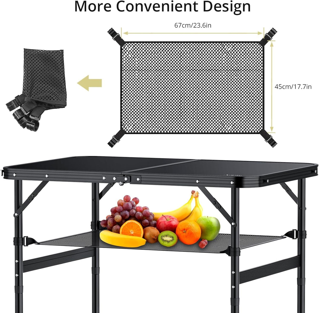 Folding Camping Table, 36" x 24" Portable Table Adjustable Height Max 28 inch Aluminum Folding Table with Storage Net,