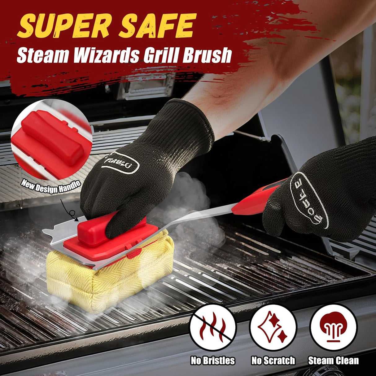 Steam Safe Grill Cleaning Brush Bristle Free and Scraper for Outdoor Grill with 15" Extended Handle, 3X Thick Aramid Fabric