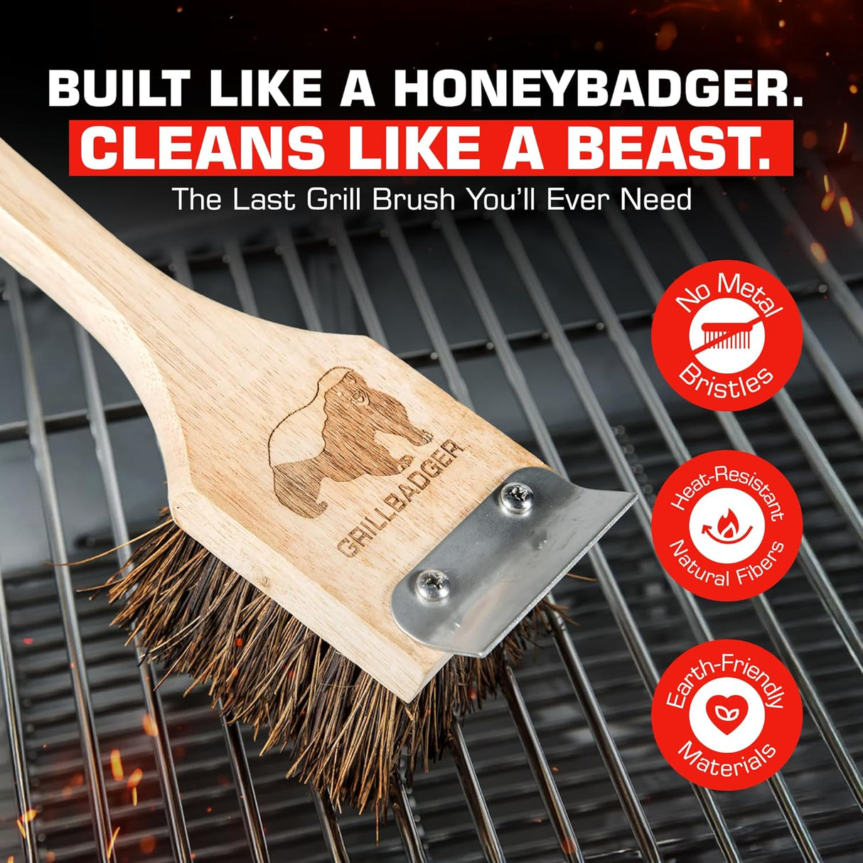 Natural Grill Brush Non Metal Bristles - Durable Non Metal Grill Brush Outdoor Grills Wooden Handle BBQ Cleaning Non-Wire